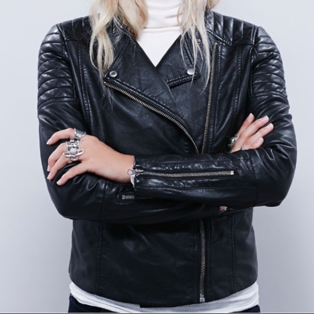 Free People collarless vegan black leather jacket